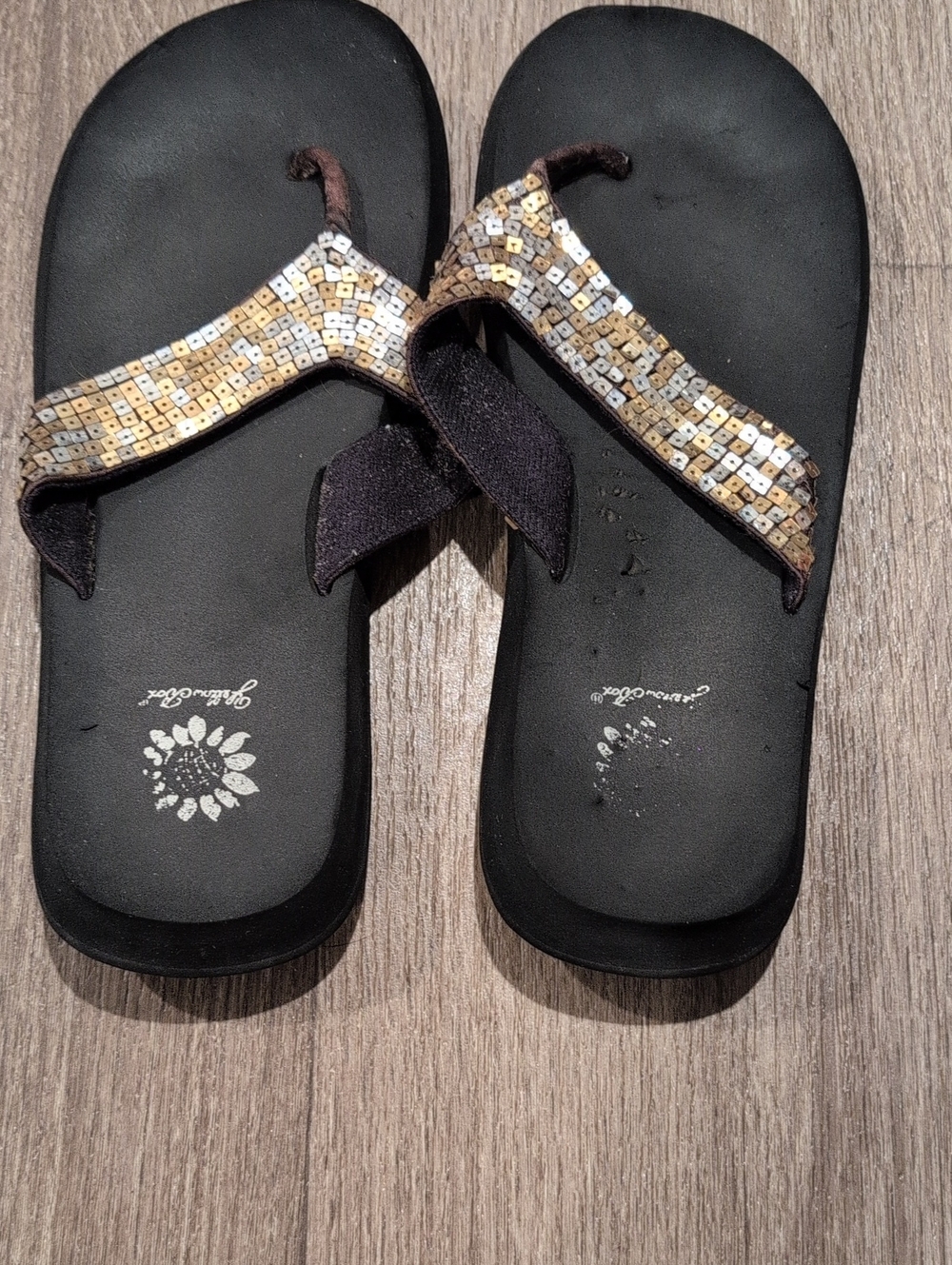 Yellow Box Black Flip Flop Sandals with Gold & Silver Sequin Straps